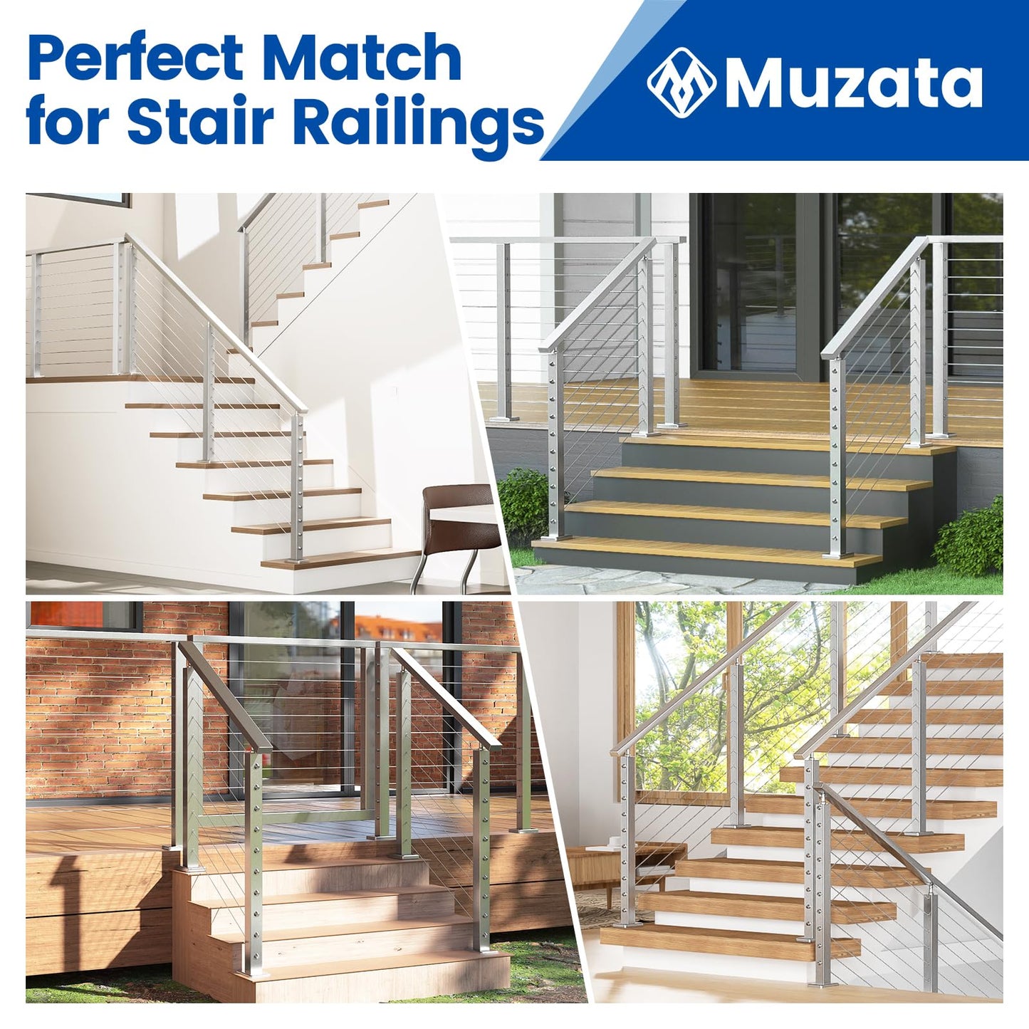 Muzata Stair Cable Railing Post 36 Inch for 25-35 Degrees Stair 36"x2"x2" Surface Mount Brushed T304 Stainless Steel Cable Railing System Kit Indoor Outdoor with Paper User Guide PS01 LA4S
