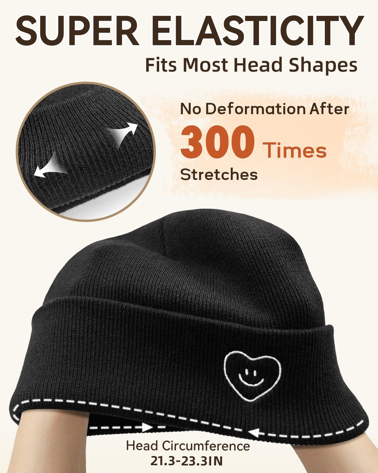 XMMAXFLOW Beanie for Women Men Winter Knit Hats Soft Warm Cuffed Beanie with Smile Face, Black