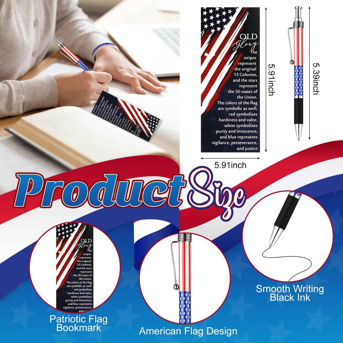 Sayglossy 180 Pcs Veterans Day Gifts American Flag Ballpoint Pens Red White Blue Patriotic Stars Stripes Stationery Gift Silicone Wristband Bookmarks for Patriot Memorial Heroes Supplies