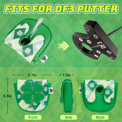 Big Crazy DF3 Putter Cover, Magnetic Closure, Golf Head Covers, Premium Leather and Waterproof, Mallet Putter Cover Fits for LAB DF3 Center Shaft, Golf Head Covers for Men and Women, Four-Leaf Clover