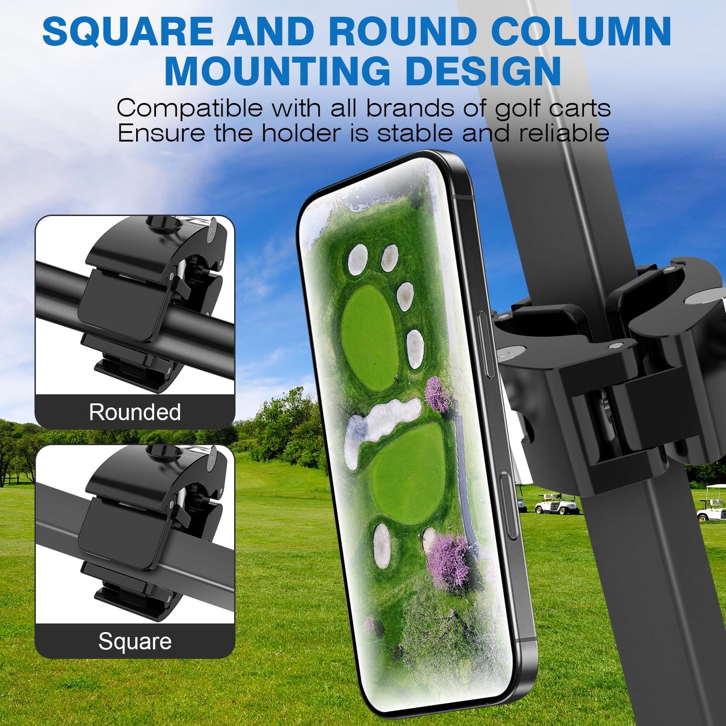 Azzoia Magnetic Golf Cart Phone Holder, Universal Square Post and Cylinder, Aluminum Metal Golf Phone Holder for MagSafe iPhone and Android Phones