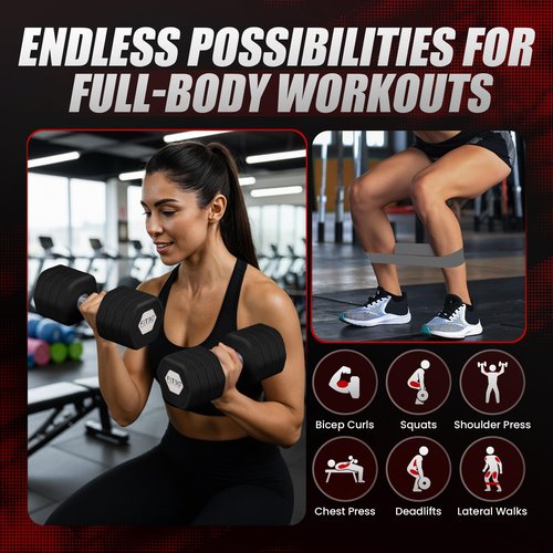 FIT90 20Lbs Adjustable Dumbbell Set with Resistance Bands for Working Out – 2-Pcs Weights Dumbbells Set with 4-Pcs Stretch Bands for Exercise – Quick Adjustment – Comfortable Grip (PINK)