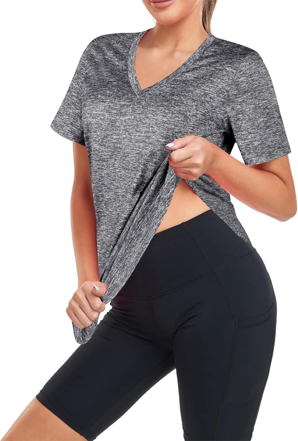 Skiennix Short Sleeve Workout Shirt for Women - Loose Fit V-Neck Yoga & Gym Top | Dry Fit Performance