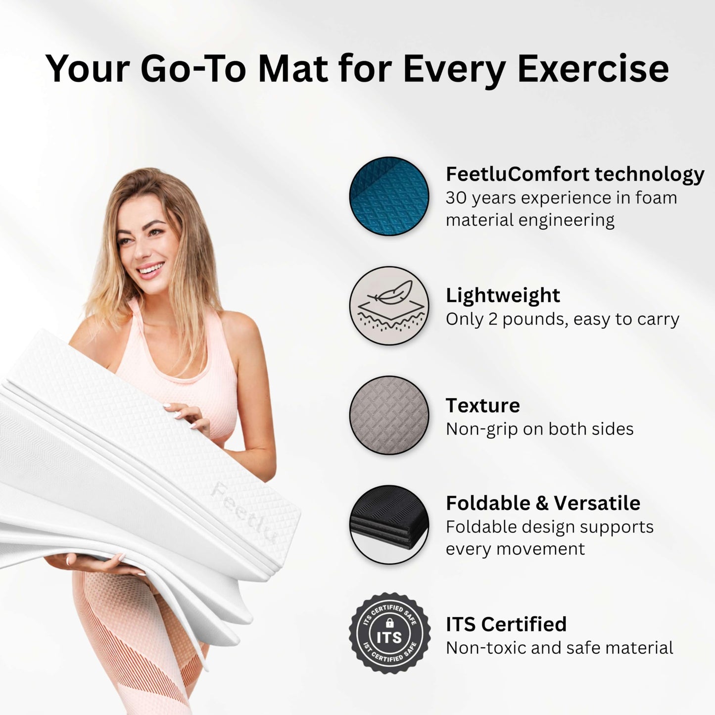 Feetlu Foldable Yoga Exercise Mat, 6mm/8mm/10mm/12mm Thickness, 72 x 24 Inch - Lightweight, Anti-Slip, and Easy to Store for Yoga, Pilates, Home Workouts, and Floor Exercises (White 6mm)