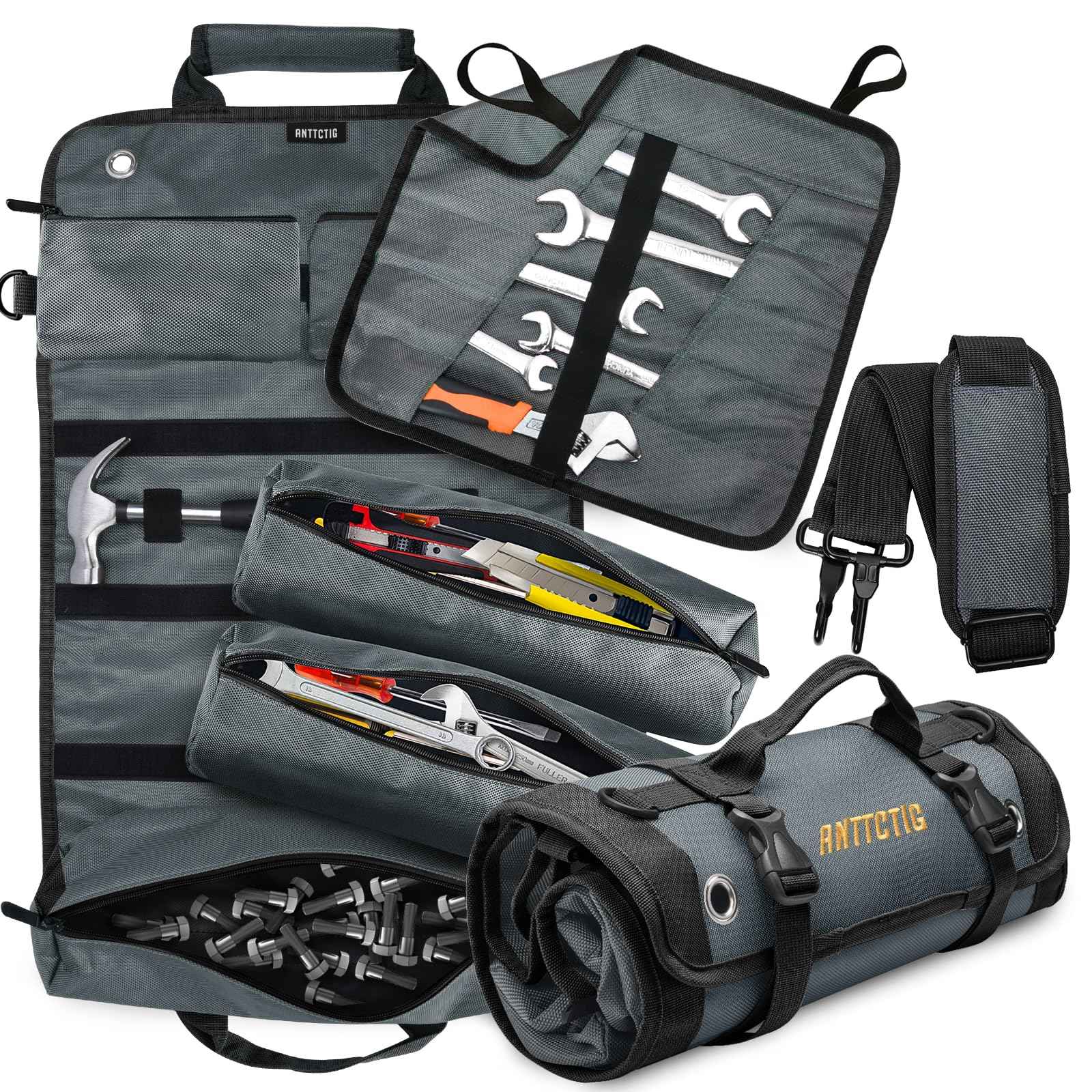 Tool Bags, Heavy Duty Tool Roll Up Bag for Men, Father’s Day Gift for Dad Husband Him, 6-in-1 Detachable Tool Roll Bag with 3 Tool Pouch+1 Wrench Roll+2 Pockets, Compact Tool Box Organizer(Grey)