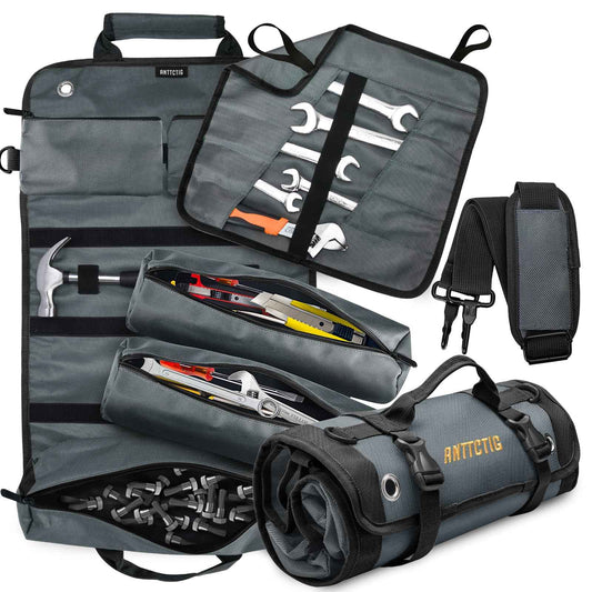 Tool Bags, Heavy Duty Tool Roll Up Bag for Men, Father’s Day Gift for Dad Husband Him, 6-in-1 Detachable Tool Roll Bag with 3 Tool Pouch+1 Wrench Roll+2 Pockets, Compact Tool Box Organizer(Grey)
