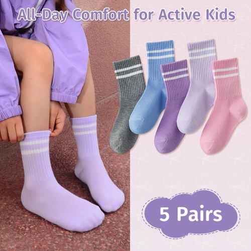 Sockswift Girls Socks Kids Cotton Socks Pink Crew Athletic Socks with Stripes 5 Pairs