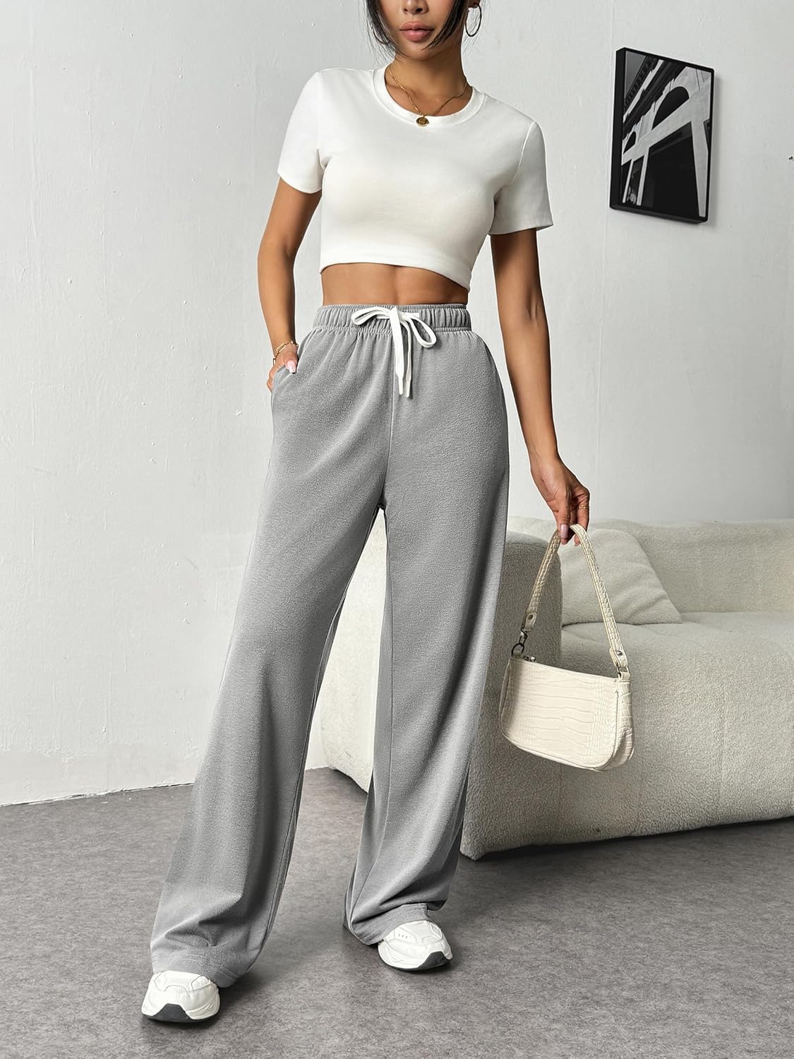 PINSPARK Wide Leg Sweatpants - High Waisted Baggy Design with Pockets for Casual Workouts