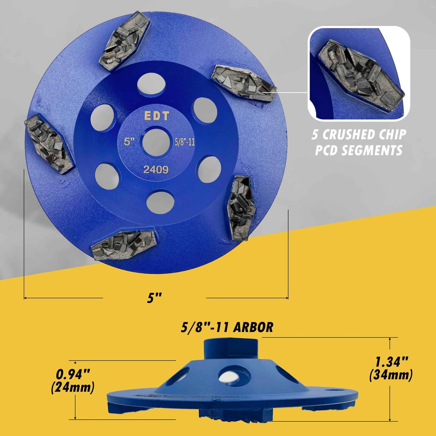 5" PCD Grinding Wheel for Epoxy, Glue, Mastic and Paint, 5 Crushed Chip PCD Segments, 5/8"-11 Threaded Arbor
