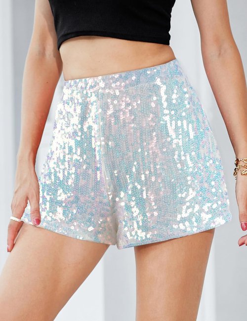MANER Women's High Waisted Sequin Shorts - Sparkly Stretchy Night Out Party Wear
