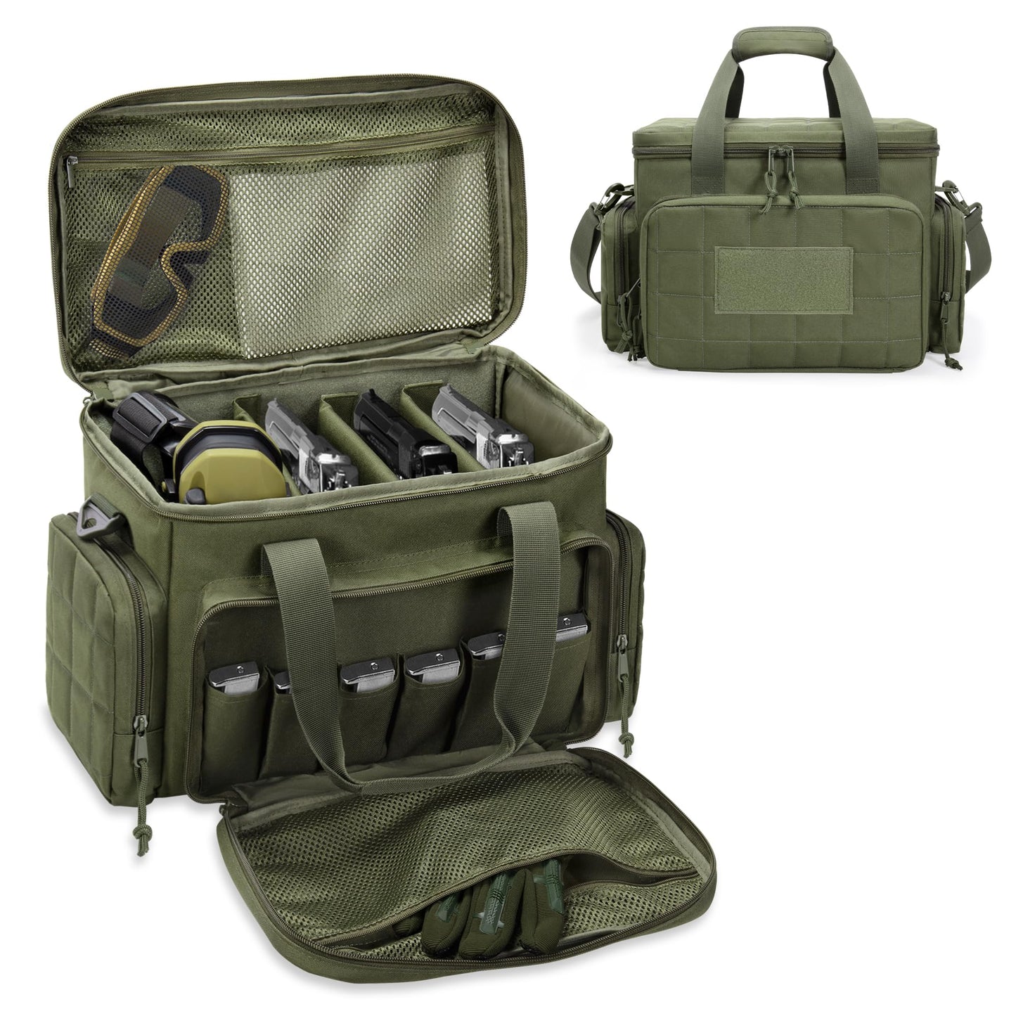 GOBUROS Gun Range Bags for 4 Handguns and Ammo, Tactical Soft Pistol Case with 6X Magazine Slots, Gun Carrying Bag for Shooting Gear Accessories with Shoulder Strap Quilted Padded Gun Duffle Bag Green