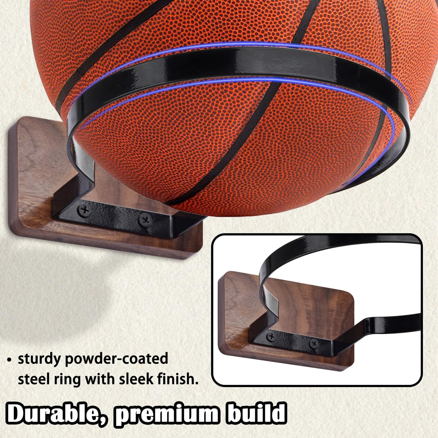 Basketball Holder Wall Mount, Black Walnut Ball Storage Wall Decorations for Basketball, Football, Soccer, Volleyball Collection, Stylish Basketball Rack Display for Home Decor (Black Wood-4 Packs)