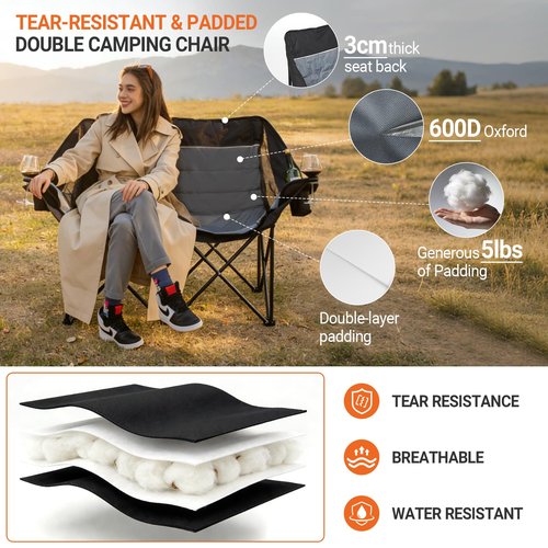 Leadpro Double Camping Chair for Adults - Heavy Duty 700LB Oversized Padded Camping Loveseat, 2 Person Folding Outdoor Chair with Cup Holders for Lawn, Backyard (Grey)