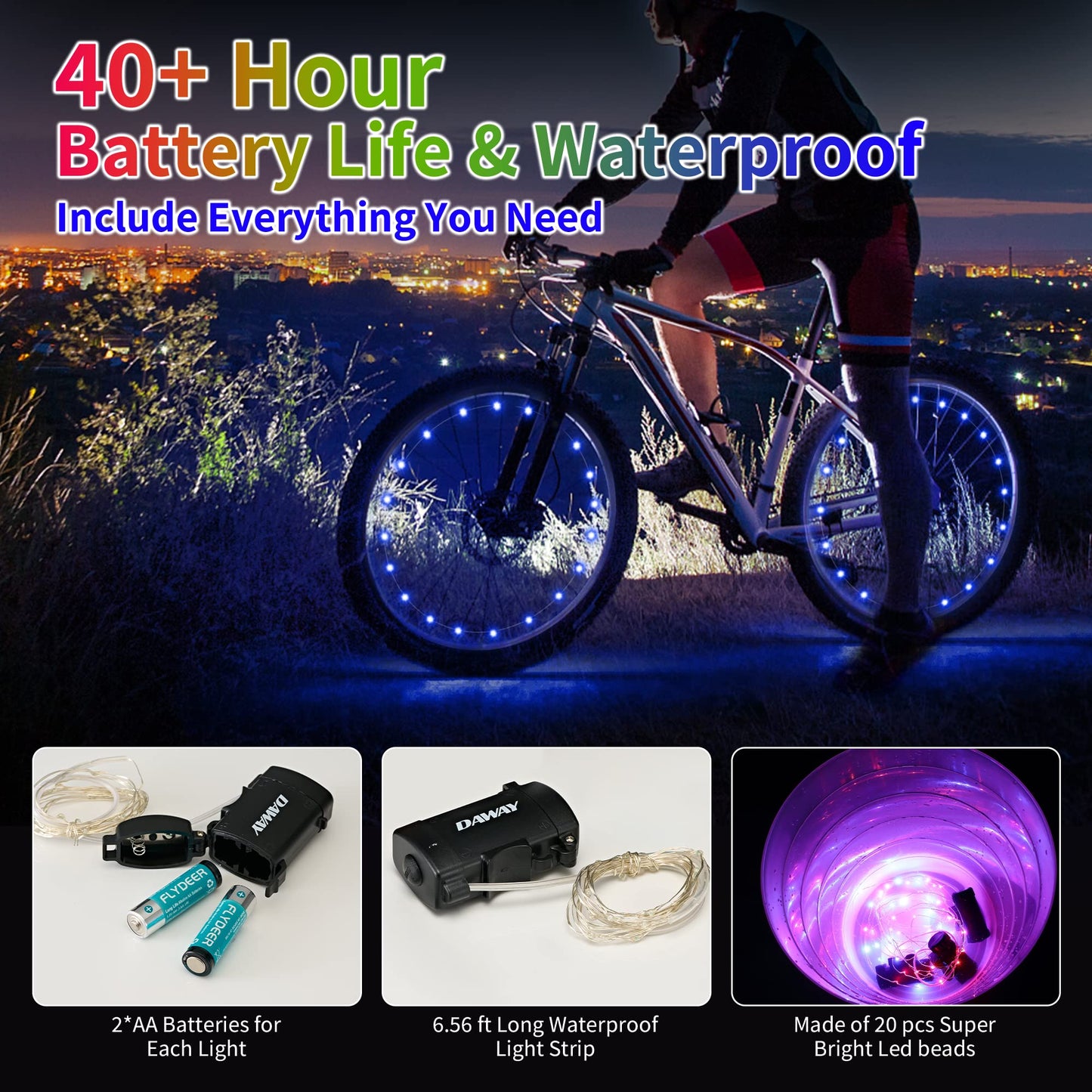 DAWAY A01 LED Bike Wheel Light (1 Tire, Blue) - Fun Bicycle Spoke or Frame Light Strip, Bright Bike Tire Lights for Kids, Boys, Girls, Men, Women, Teens, Cool Bike or Wheelchair Decoration Accessory
