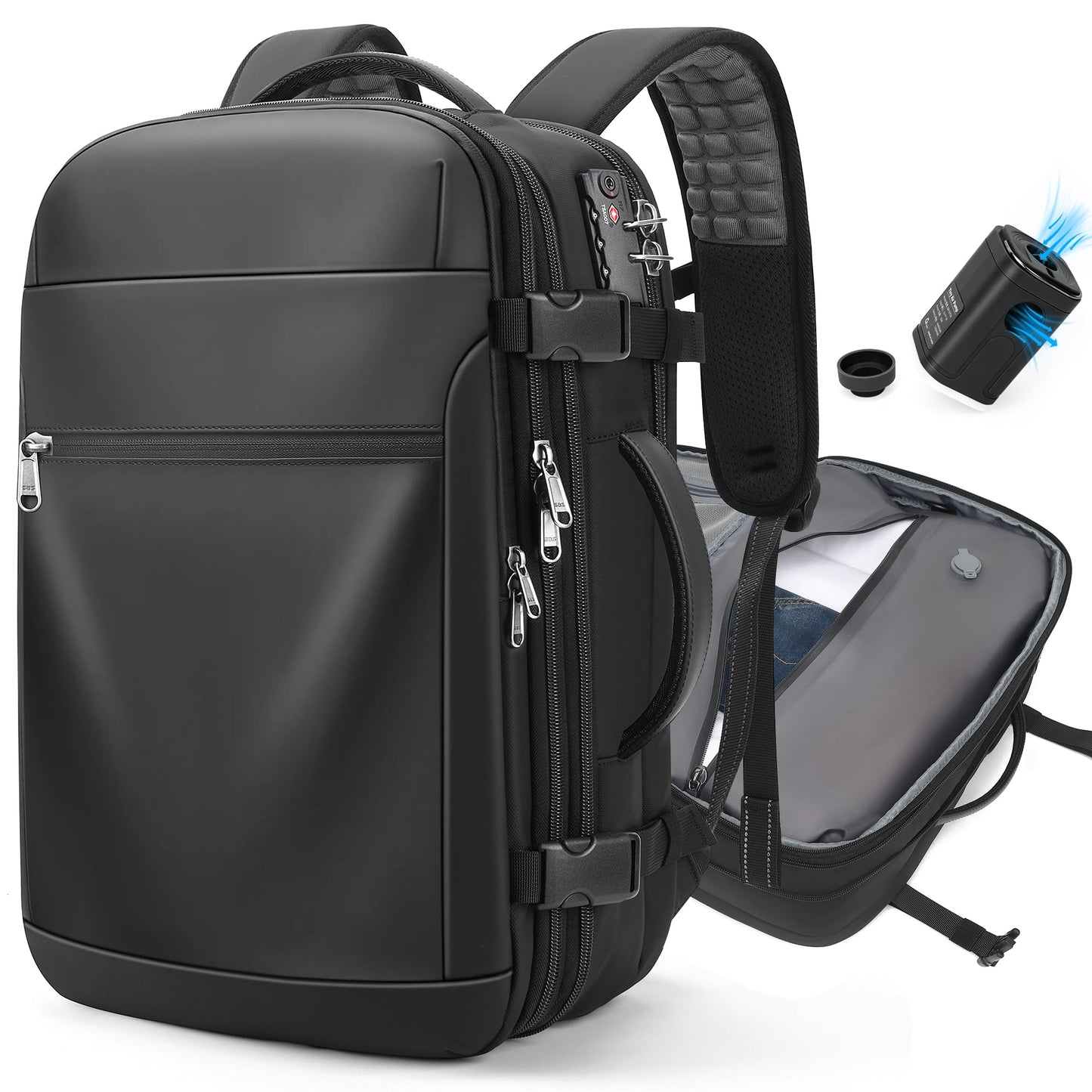 POSO P Vacuum Backpack Travel, 60L Expandable Vacuum Seal Compression Vacpack Back pack with Pump, Backpack with Vacuum System Water-Resistant Business Carry-On Vacuum Travel Backpack for Men