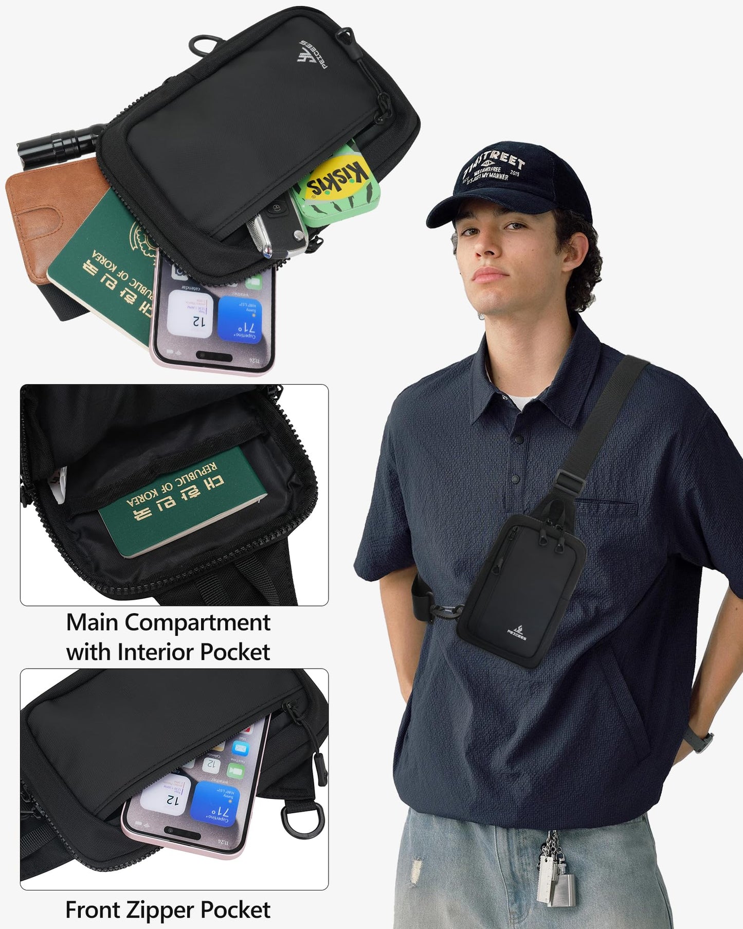 Peicees Small Crossbody Sling Bag Chest Bag Dual Pocket Water Resistant Fanny Pack Running Phone Holder for Men Women Workout Travelling, Blue