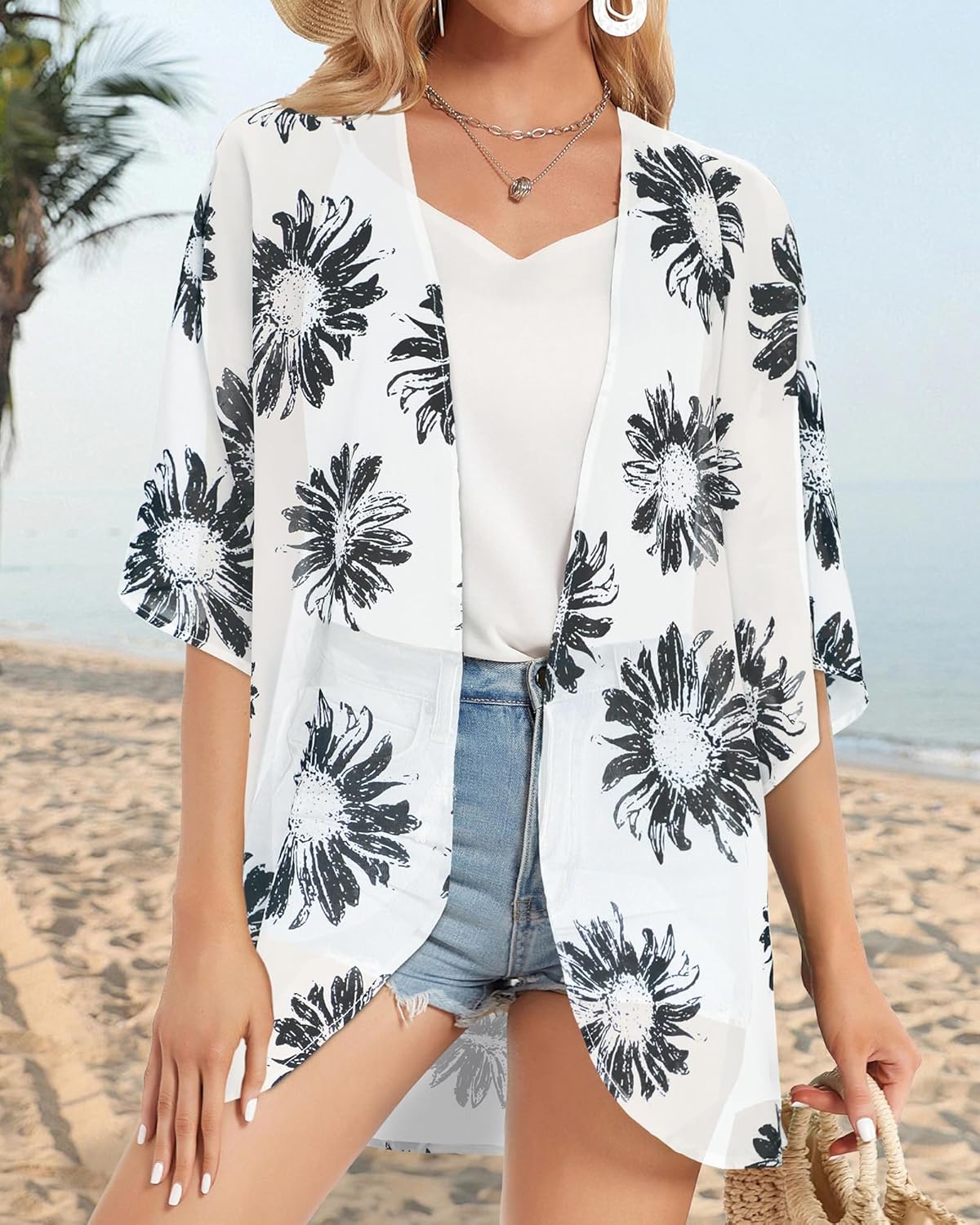 Skiennix Women's Floral Print Kimono Cardigan - Stylish Puff Sleeve Cover-Up Top