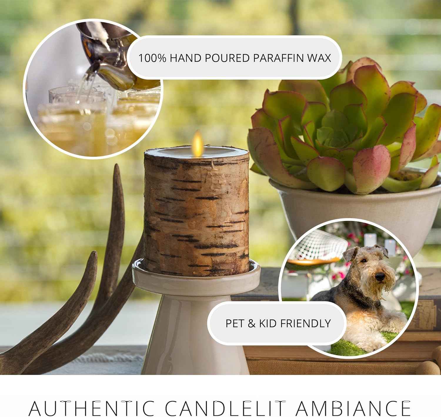 Realistic Moving Flame LED Pillar Candle with Birch Bark - Battery Operated, Remote Ready, 4x7