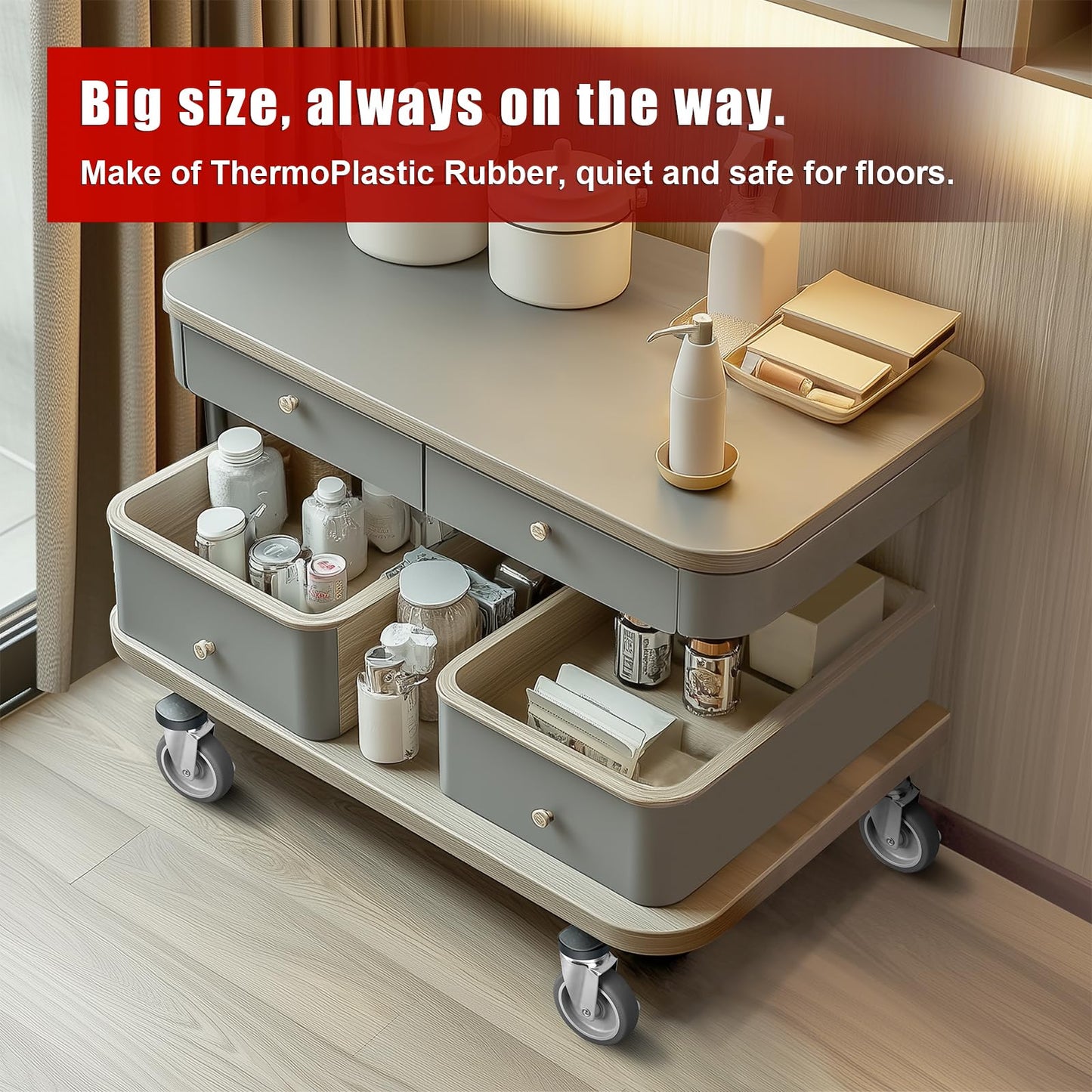 4 Inch 3/8-16x1 Threaded Stem Caster Wheels with Brake, Set of 4 Heavy Duty Locking Wheel, TPR Soft Quiet Swivel Casters for Cart, Furniture and Shelving