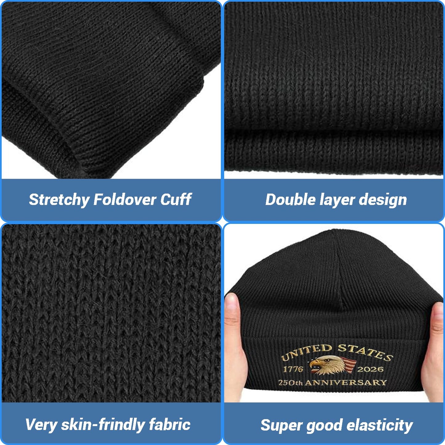 250th Anniversary USA Knit Hat Warm Cozy Embroidery Beanie for Women Men, 250 Year American Anniversary Merchandise White