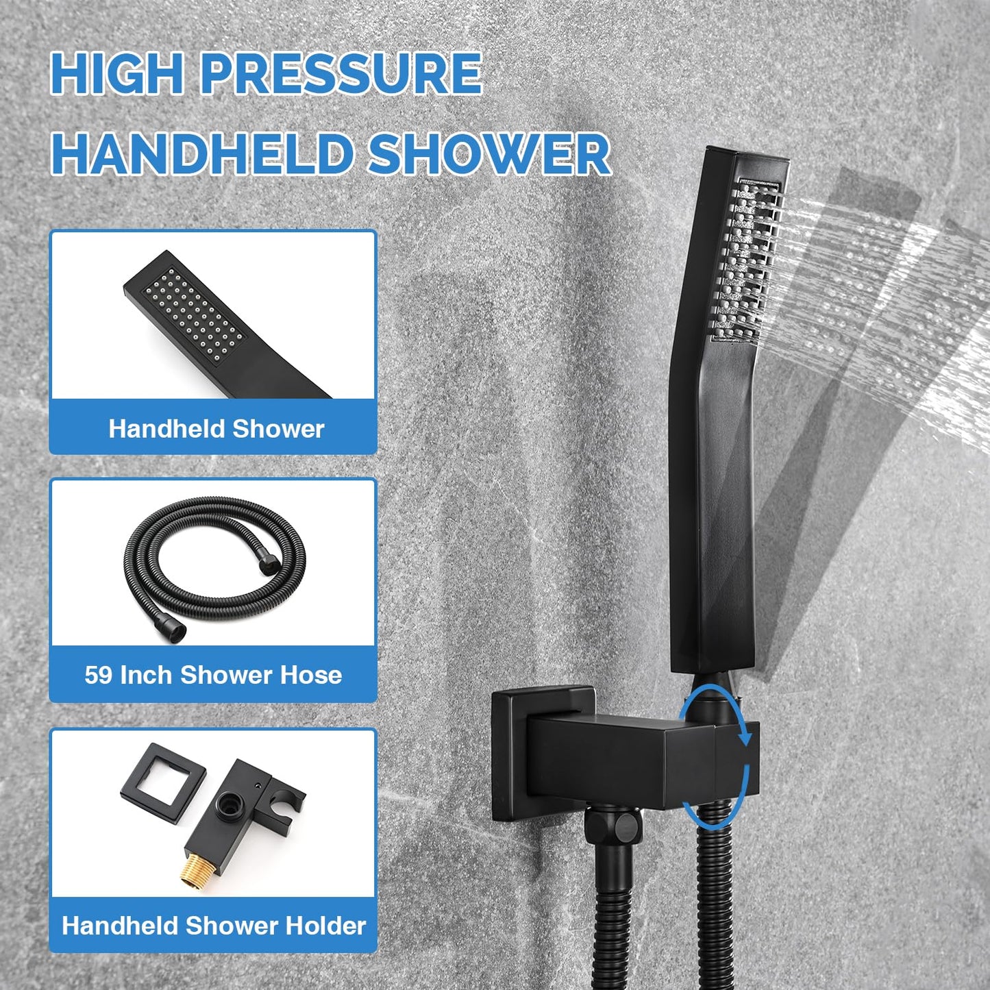 12 Inch Shower Faucet Set Matte Black Shower System with Square Shower Head and Handle Set, Wall Mounted Shower Fixtures Solid Brass Pressure Balancing Shower Mixer Valve, Matte Black