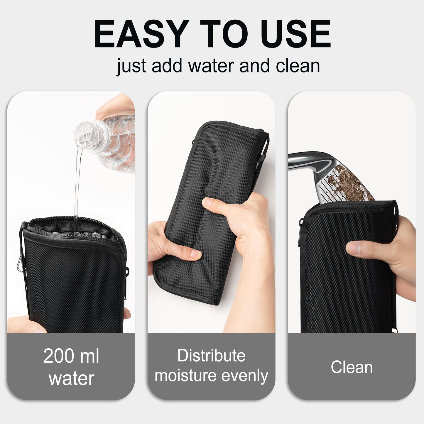 Golf Club and Golf Boll Cleaner Bag, Golf Ball Cleaner Pouch with 1 Pack Golf Ball Towel, Waterproof Outside, Clean Inside – Liner Technology, Machine Washable，Black