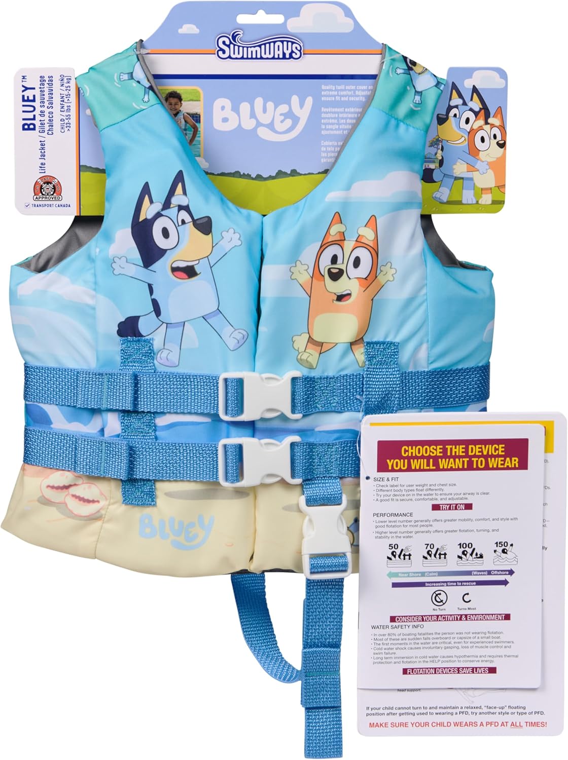 SwimWays Bluey Life Jacket - US Coast Guard Approved Kids Swim Vest for 33-55 lbs | Fun Bluey Design