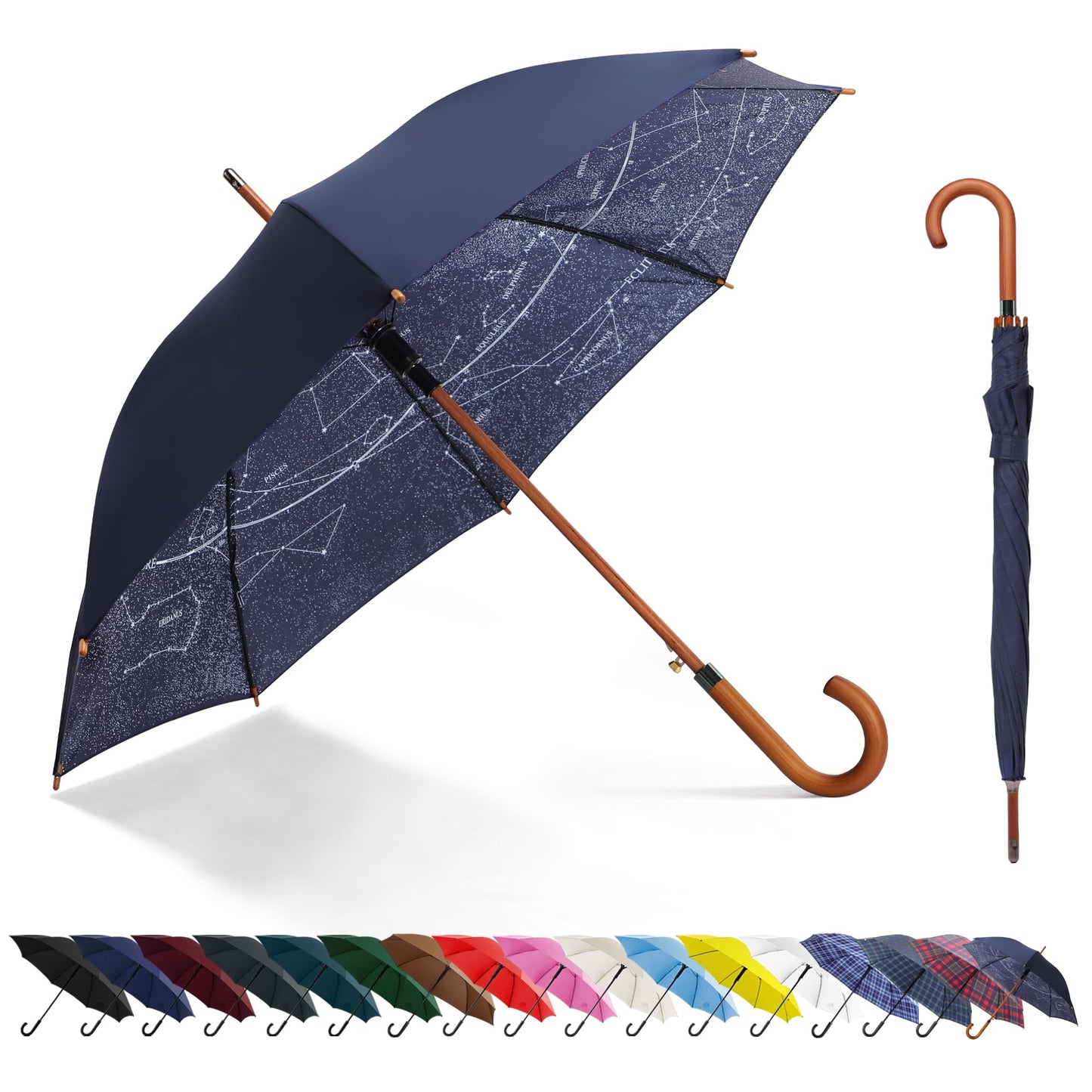 RusuiQinsan Windproof Starry Sky Constellation Long Umbrella, Large Stick Umbrella for Rain with Wooden Hook Handle, Gift for Women, Men & Adults