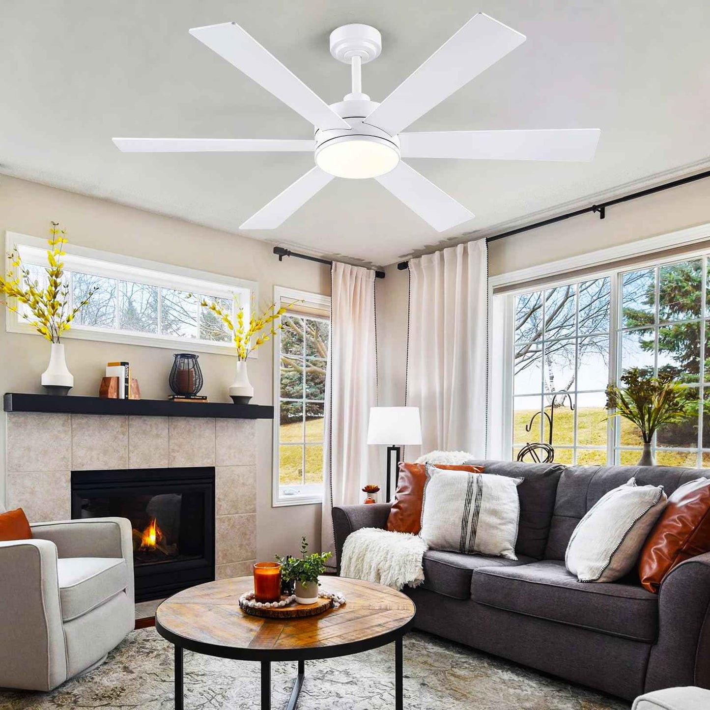 BayDay Farmhouse Rustic Ceiling Fans with Lights and Remote, Bedroom Living Room Kitchen Fans Ceiling with Light Chandier (White, 52 inch)