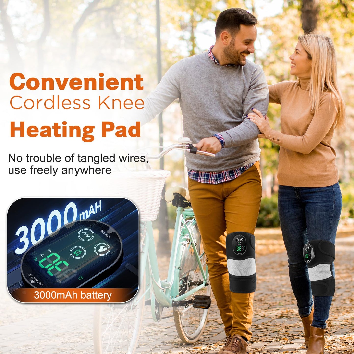 Cordless Heated Knee Massager with Vibration, Heated Knee Brace Wrap, Heating Knee Pad for Knee Elbow, Knee Heating Pad for Arthritis with 6 Heating Levels, 3 Massage Modes&Timer (Black+White)