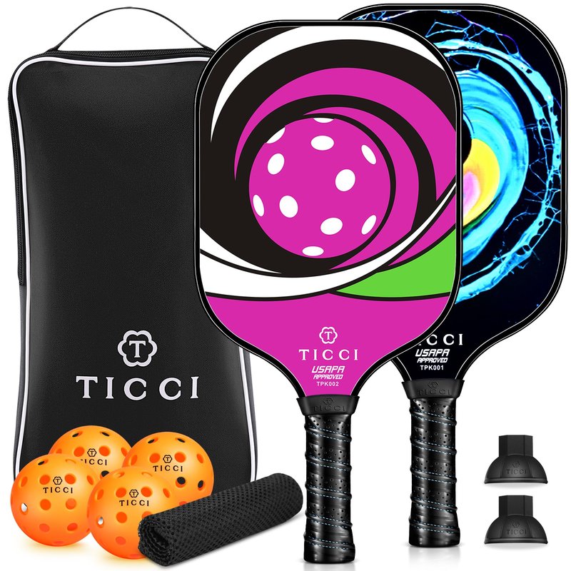 TICCI Pickleball Paddle, USAPA Approved Premium Graphite Pickleball Set of 2 Rackets with 4 Balls & 2 Ball Retriever, Portable Carry Bag for Beginners and Professional Players (G Purple Kit)