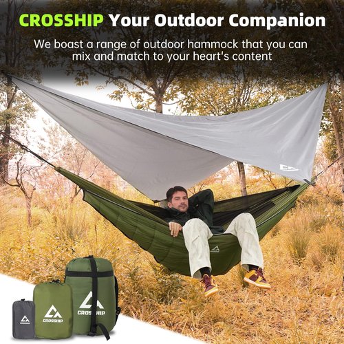 Crosship Camping Hammock with Mosquito Net, Underquilt & Rain Fly Tarp – 2 Person Portable Backpacking Hammock Set for Hiking, Backpacking, Travel, Backyard, Beach – Holds Up to 500lbs (Green)