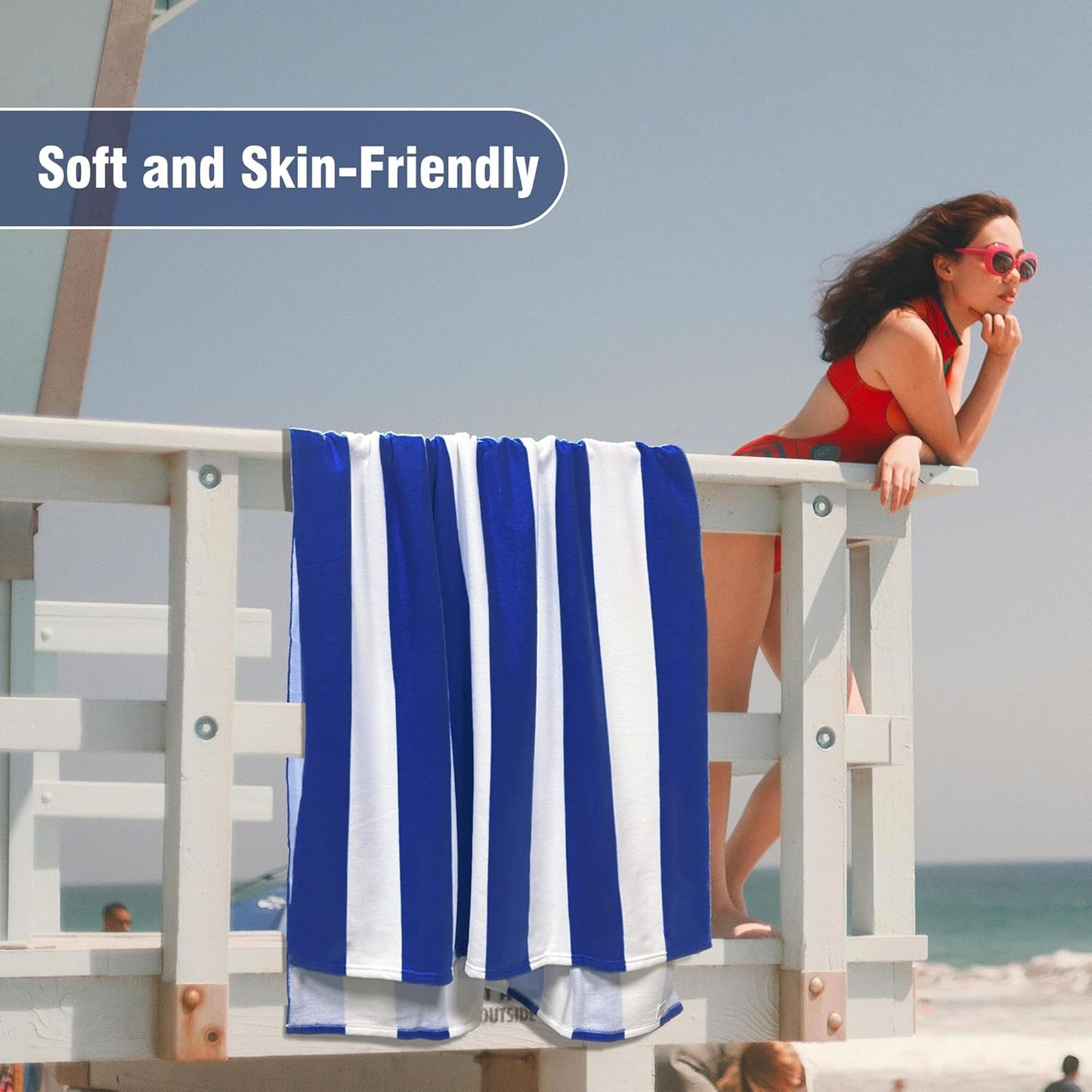 Skiennix Large Oversized Beach Towel - 35 x 70 Inch Quick-Dry Microfiber Navy Striped Pool Towel