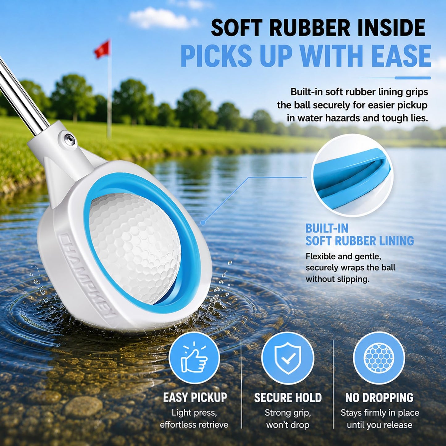 CHAMPKEY Performance Golf Ball Retriever Single Sided - Thicken Stainless Steel Shaft with Rubber Grip Golf Retriever - Available in 9Ft / 12Ft / 14.5Ft / 16.3Ft (9 FT)