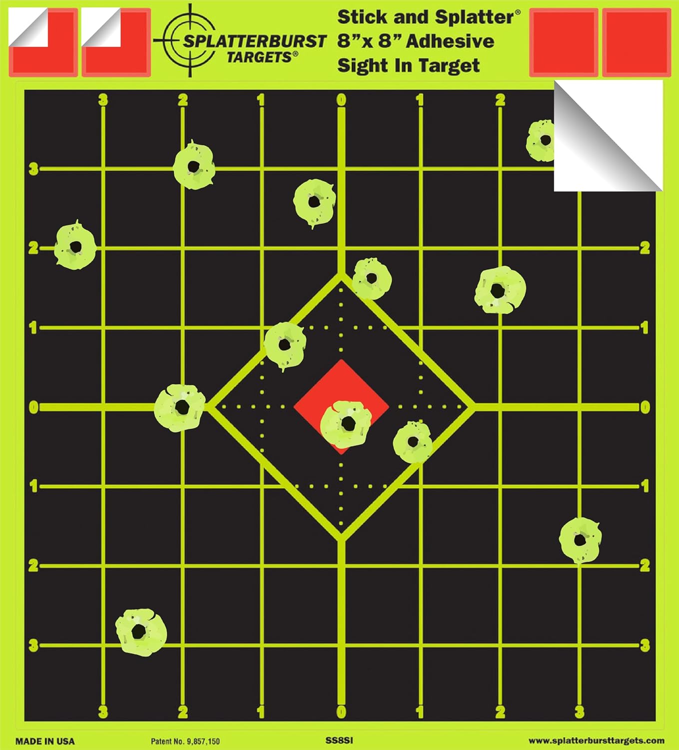 Splatterburst Shooting Targets - 8x8 Inch Adhesive Splatter Design - Bright Fluorescent Yellow for All Firearms