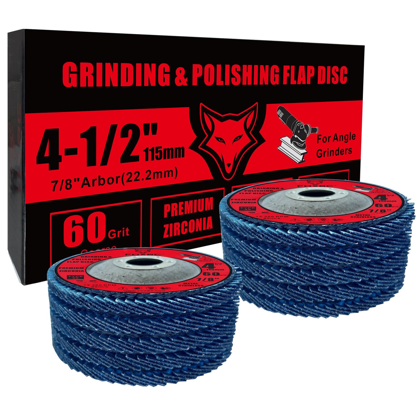 FOXBC 4-1/2 inch Flap Disc 60 Grit for Angle Grinder, Type 29, Premium Zirconium Grinding and Polishing for Metal, 10 Pack