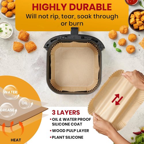 Baker's Signature Air Fryer Paper Liners - 125 Pcs Non-Stick & Oil Proof, 8” Square for 5-8 Qt Baskets
