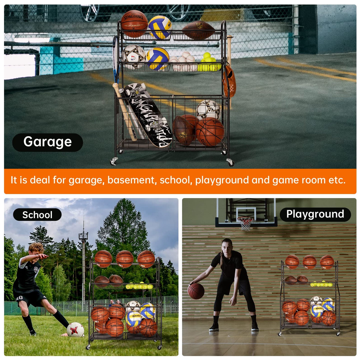 WEYMILA Sport Equipment Organizer for Garage, Steel Basketball Rack with Baseball Bat Holder and Hooks, Easy Assembly Storage for Balls, Kids' Toys, and Workout Gear in Basement, Home Gym, Outdoor