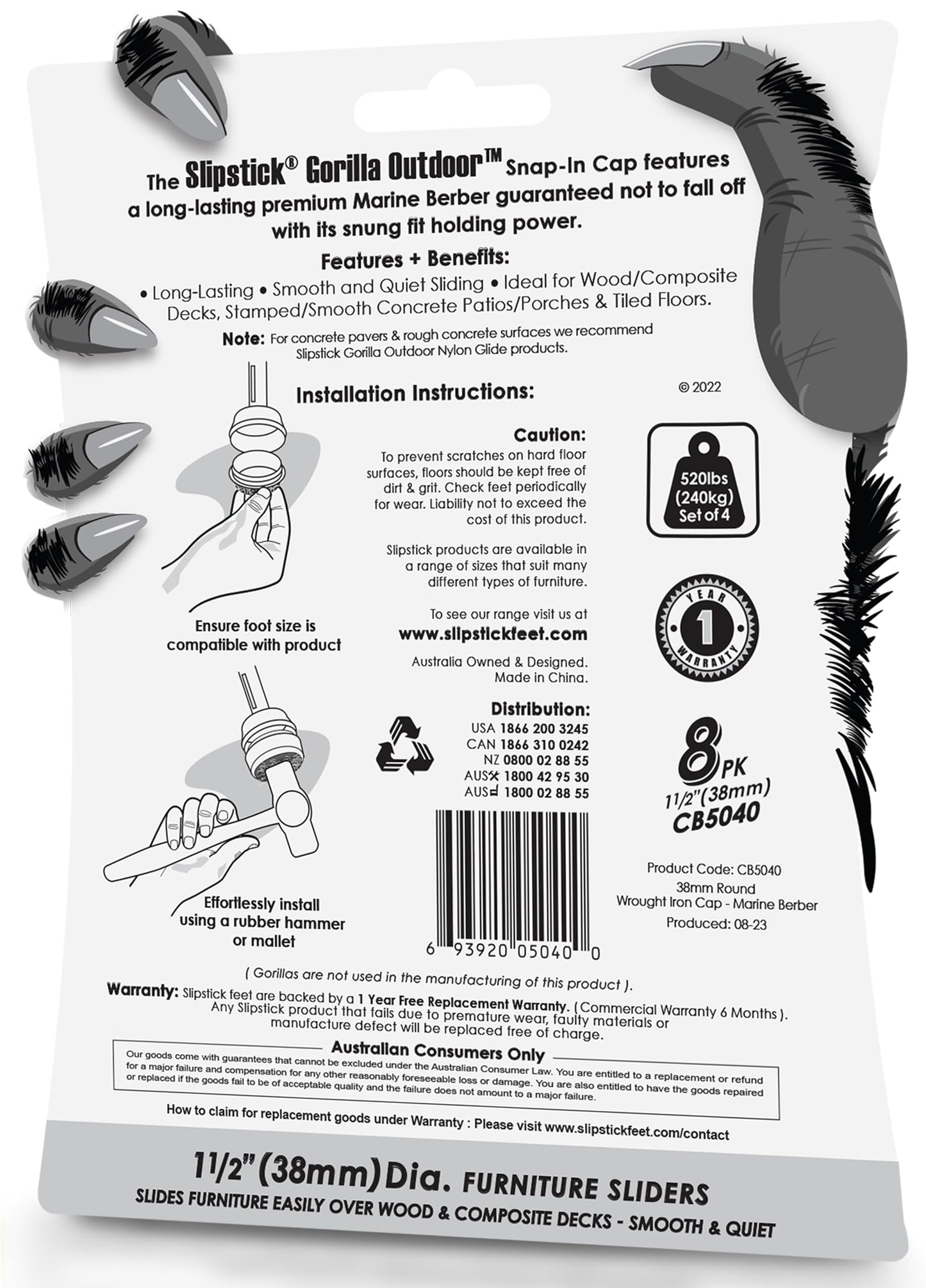 Don't Scratch Your Deck Gorilla Outdoor 1-1/2 Inch Patio Furniture Feet Caps (8 Pack) Floor Protecting Replacement Feet Glides for Metal Outdoor Furniture & Indoor, Weatherproof Berber Sliders