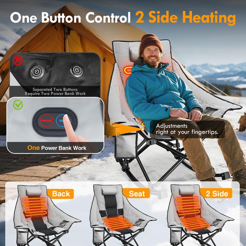 Slendor Oversized Camping Chair with 2000mAh Power Bank, Padded & Pillow Heated Rocking Chair, 3 Adjustable Heat Settings Camping Rocker Chair for Easy Setup and Foldable Storage, Gray