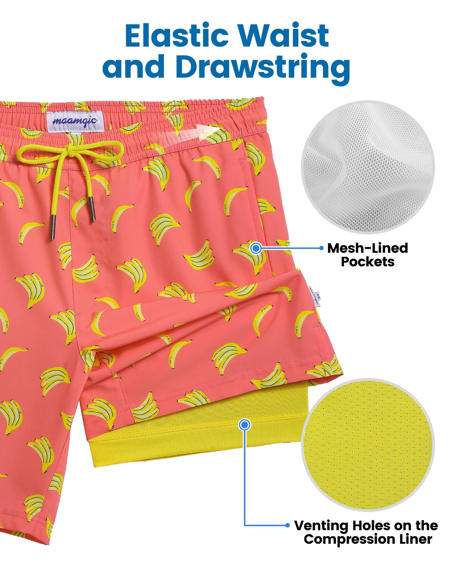 maamgic Mens Swim Trunks with Compression Liner 7 Inch Inseam Mens Bathing Suit Quick Dry Swimming Trunks Swimsuit Ox Head Green White Medium
