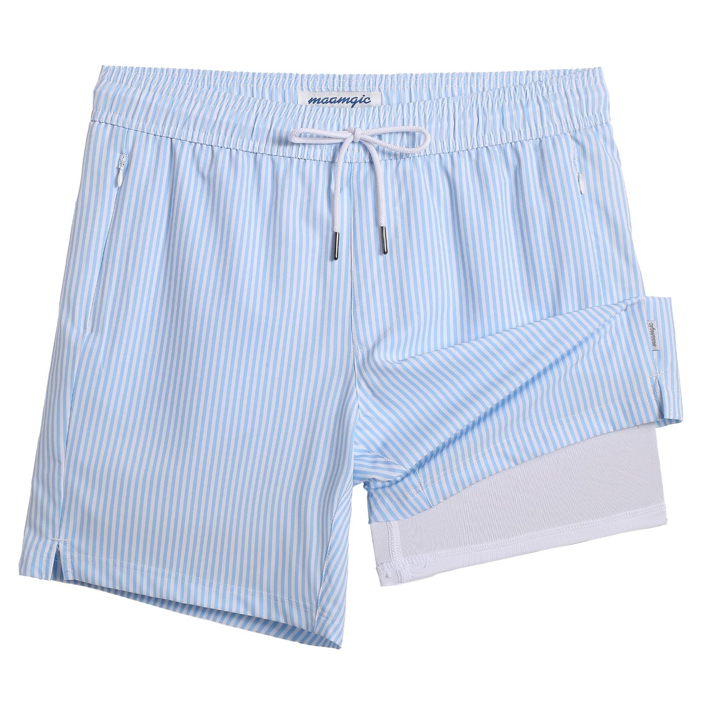 maamgic 2 in 1 Mens Swim Trunks 7 Inch Swim Shorts Swim Suits Board Shorts Blue Stripe-White X-Large