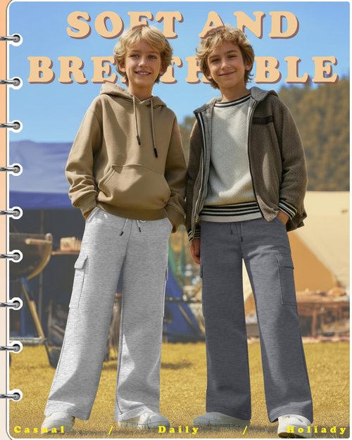 LessonZoo 4 Pack Boys' Cargo Sweatpants Elastic Drawstring Open Bottom Active Pants Casual Workout Joggers with 4 Pockets(Light Gray, Gray, Dark Gray, Black,X-Large)