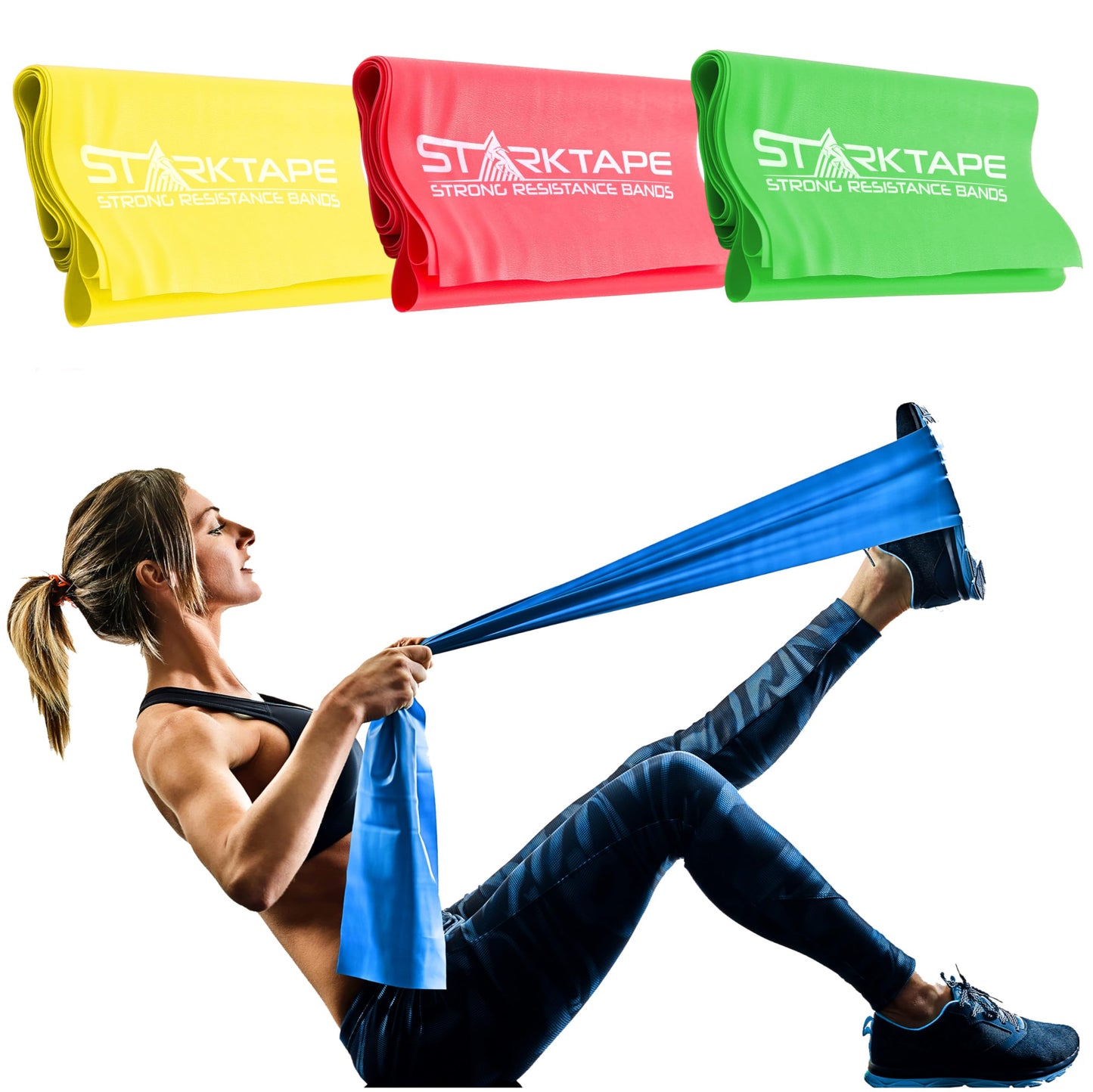Starktape Resistance Bands Set 3 Pack Non-Latex Physical Therapy Professional Elastic Bands for Home Exercise, Workout, Strength Training, Yoga, Pilates, Rehab, Gym, Leg, Upper and Lower Body
