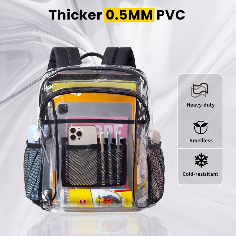 Vorspack Clear Backpack Heavy Duty - Extra Large Clear Book Bag with Multi-pockets See Through Backpack for College Workplace Travel - Black