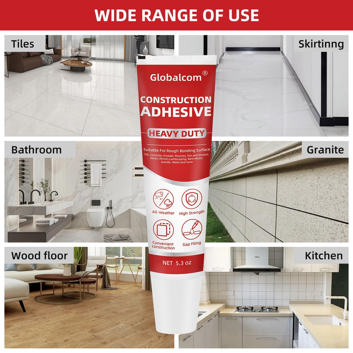 Globalcom Heavy Duty Construction Adhesive, Tile and Stone Marble Granite Wood Floor Adhesive, Gap Filling and Waterproof - 5.3 oz White