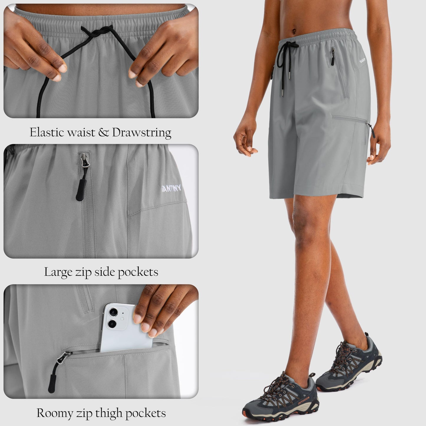 SANTINY Women's 5''/ 7''/9'' Hiking Cargo Shorts Quick Dry Lightweight Summer Shorts for Women Athletic Golf Zipper Pockets(Light Grey_M)
