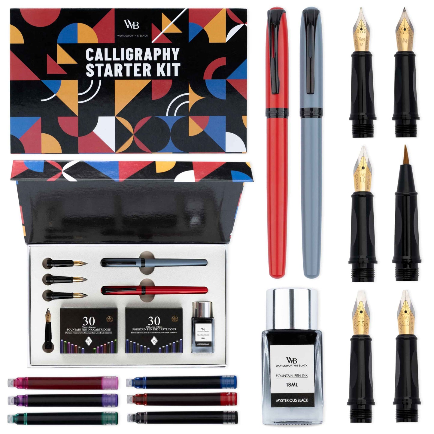 Wordsworth and Black Calligraphy Pen Set - Grey - Includes 2 Calligraphy Pens, 18 ML Ink Bottle, 60 Ink Cartridges, Ink Refill Converter, 1 Medium and 4 Broad Nibs, Brush Pen