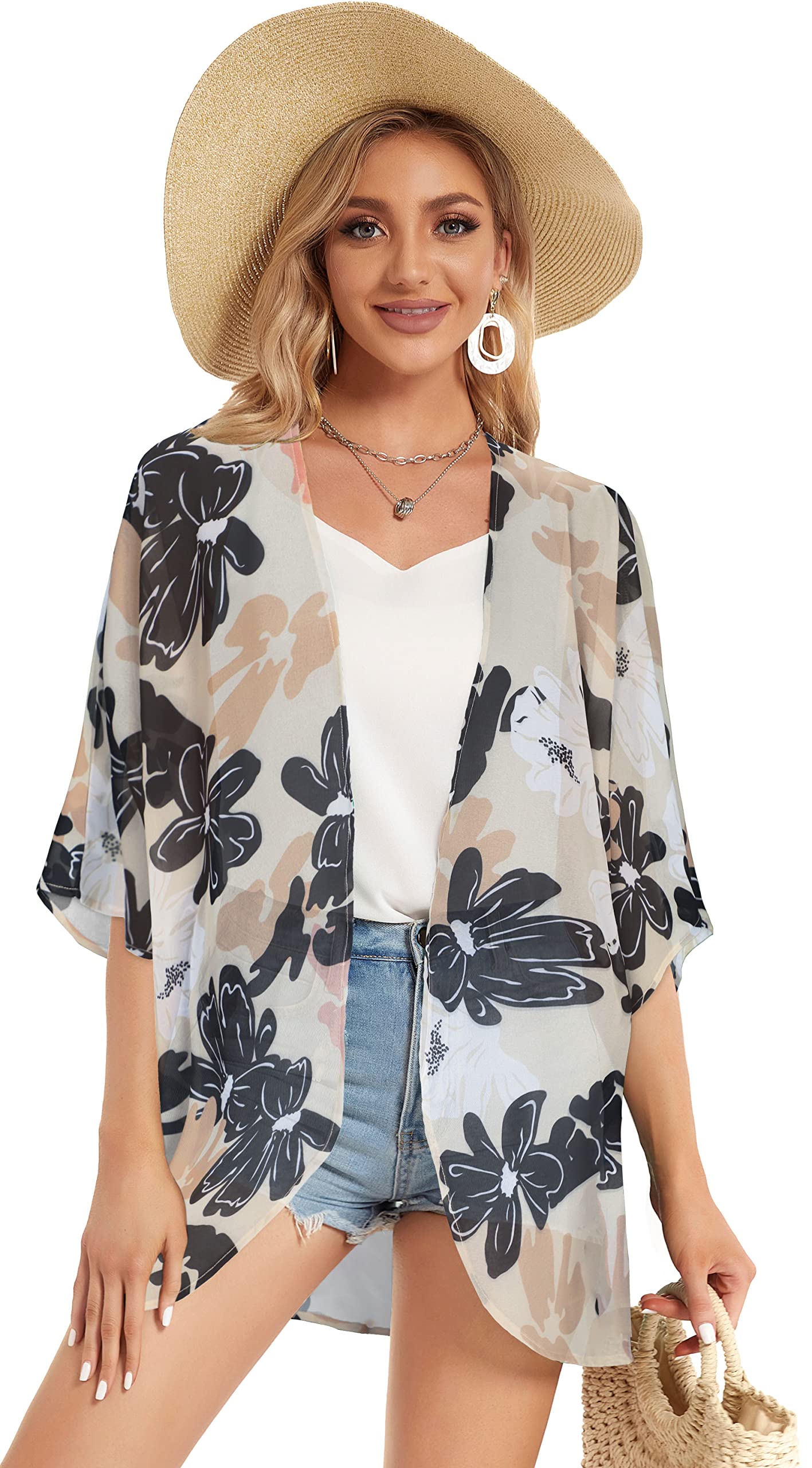 Women Kimono Cardigan Sheer Beach Coverups Chiffon Loose Casual Open Front Tops (Dasiy KhakiM)