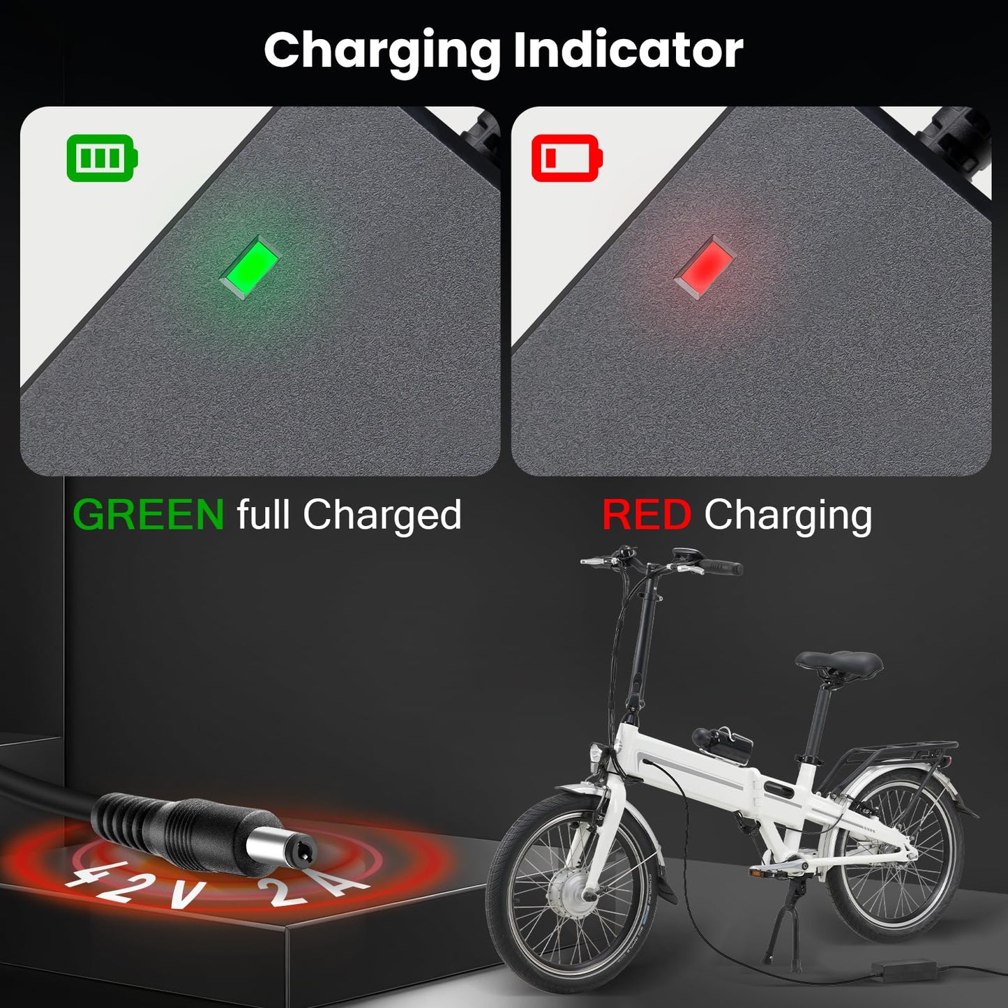 E-Mangue 36V Lithium Battery Charger Output 42V 2A for Electric Bike Battery Scooter Batteries, Charger with DC2.1 Jack Connector (5.5X2.1mm)